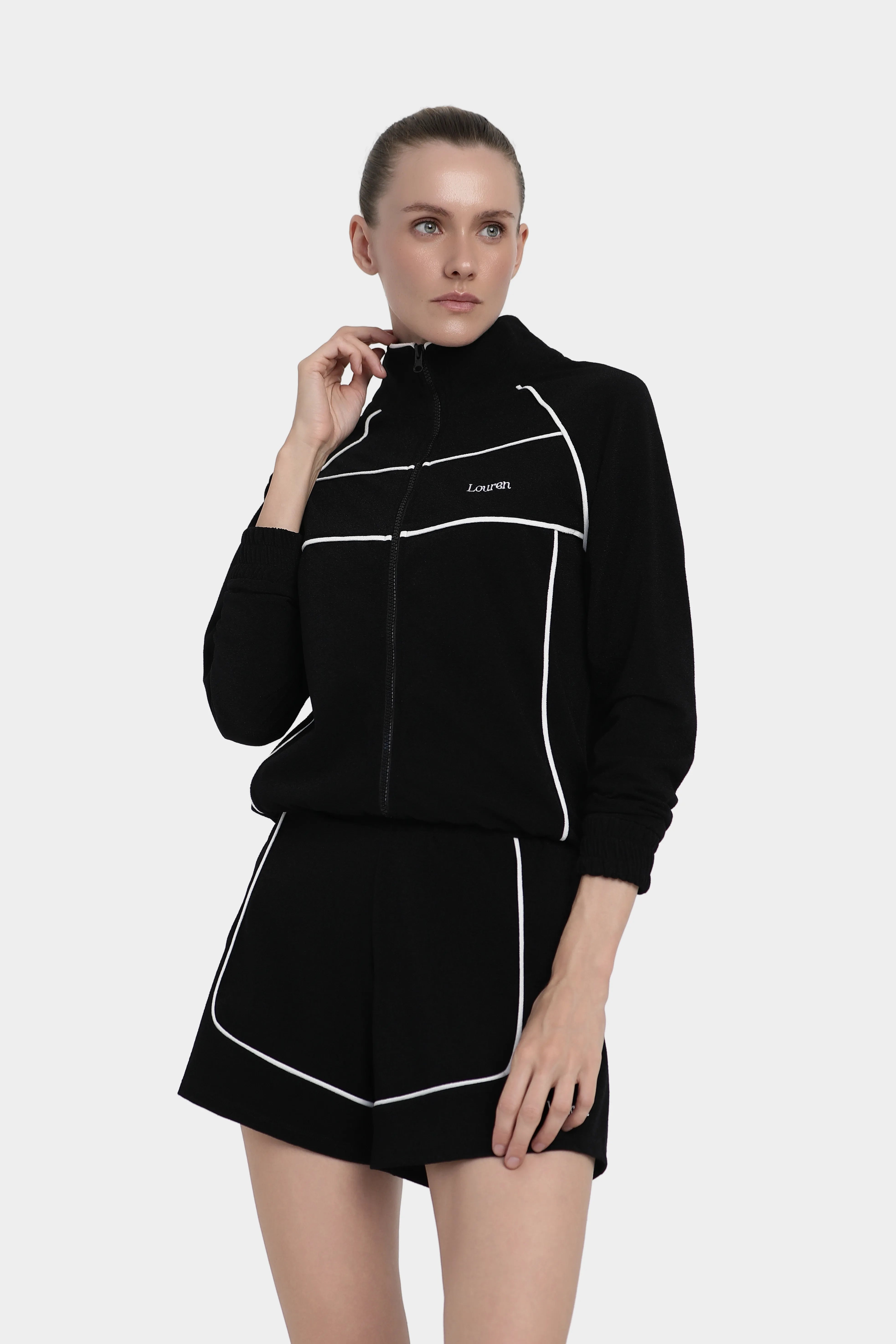 Kontrast Biyeli Fermuarlı Sweatshirt - Siyah