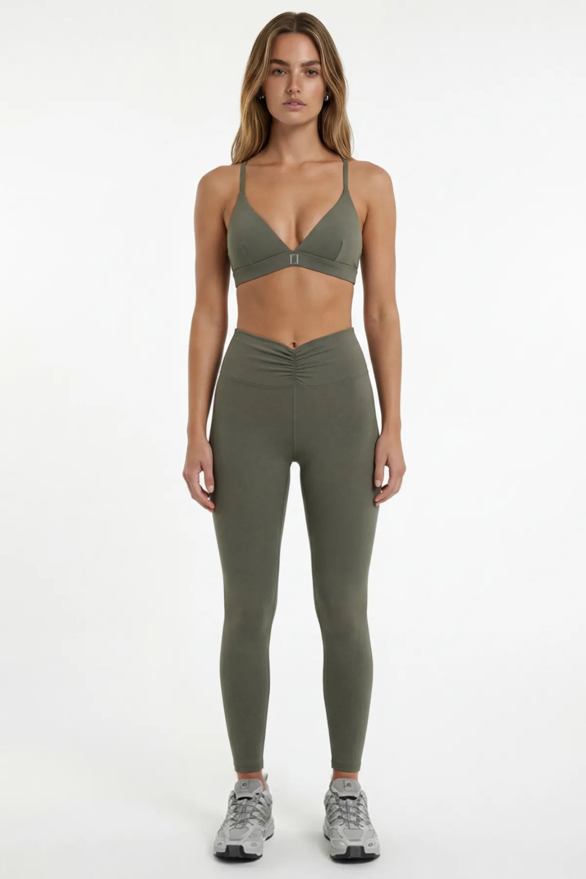 Önü Büzgülü Uzun Spor Tayt - Haki