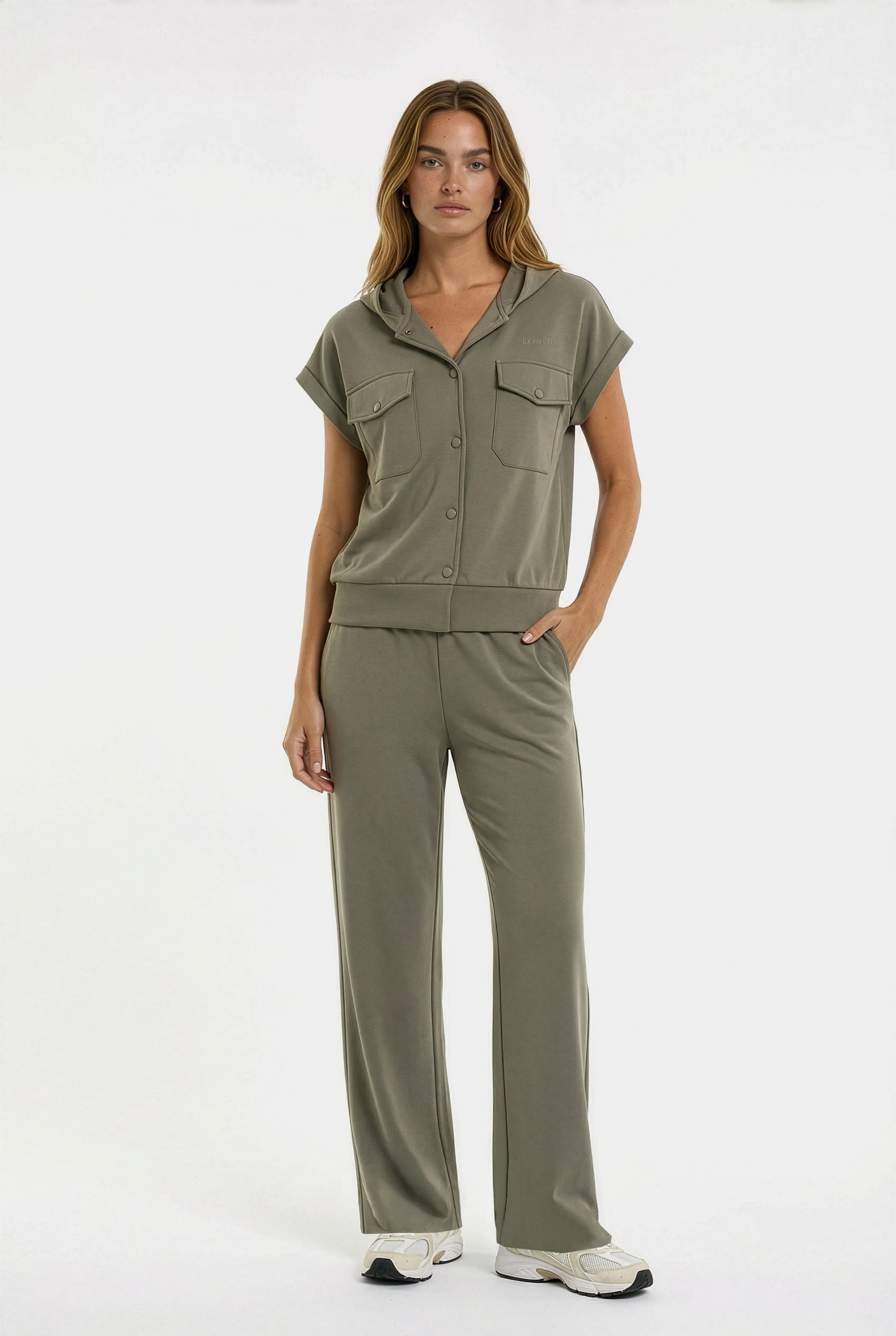 Çıtçıtlı Kapüşonlu Modal Üst - Haki